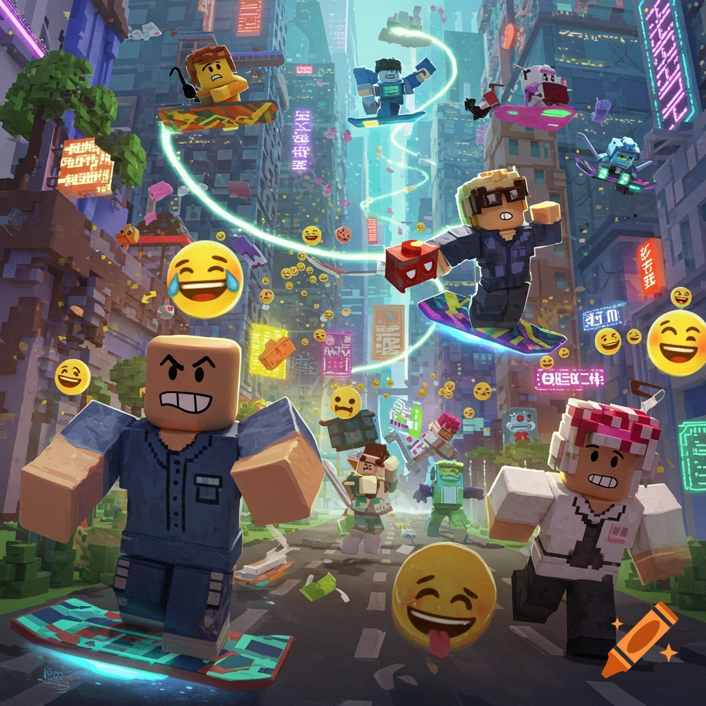Voxel art of blocky characters hoverboarding and running through a vibrant futuristic city street filled with neon signs and floating emojis.