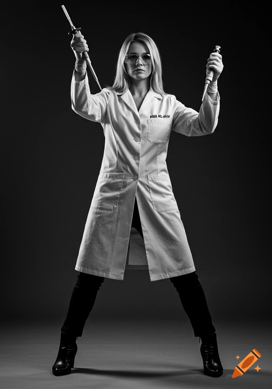 A confident female scientist in a lab coat and glasses holds two lab pipettes in a powerful stance, black and white photorealistic.