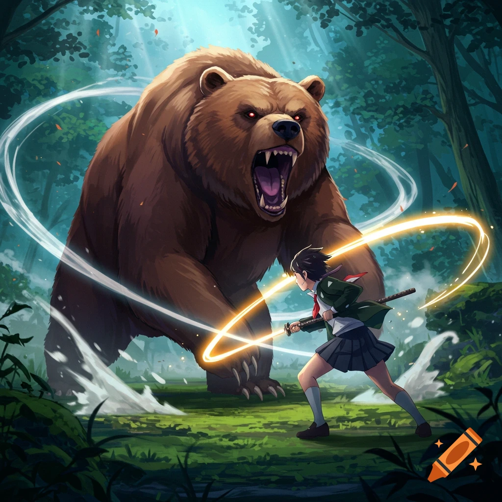 An anime style illustration of a female student wielding a sword, facing an enormous, roaring brown bear in a forest.
