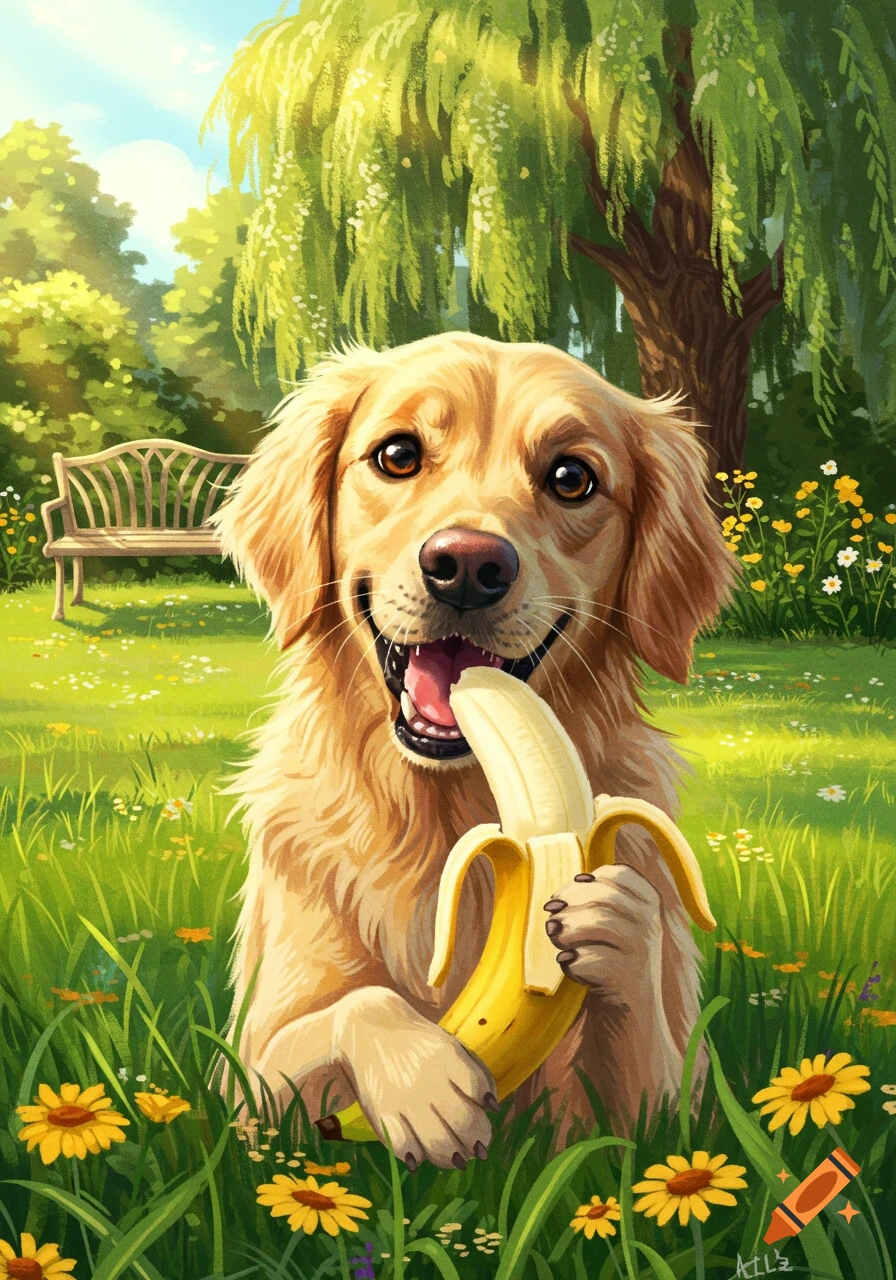 A happy Golden Retriever dog sitting in a sunny park, eating a peeled banana. Detailed illustration.