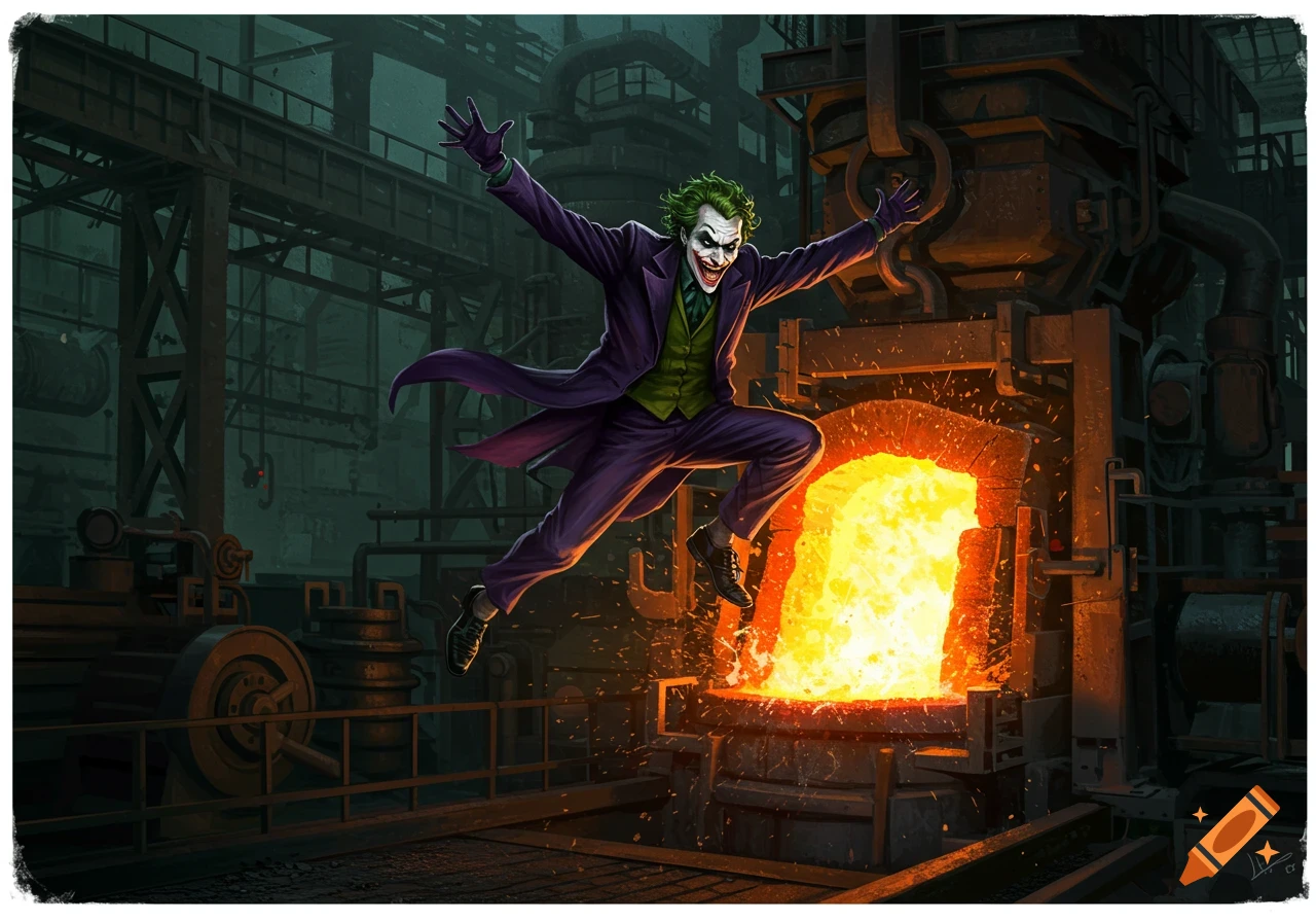 The Joker in a purple suit and green vest jumps gleefully over a molten steel furnace in an industrial factory, digital art.