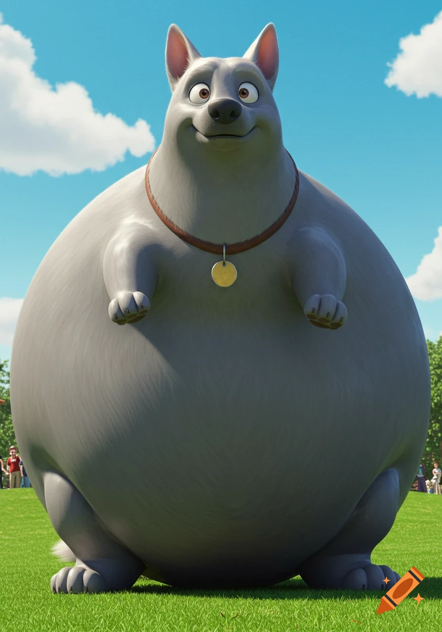 A huge, smiling, inflated gray cartoon dog with a brown collar stands in a green park under a blue sky.