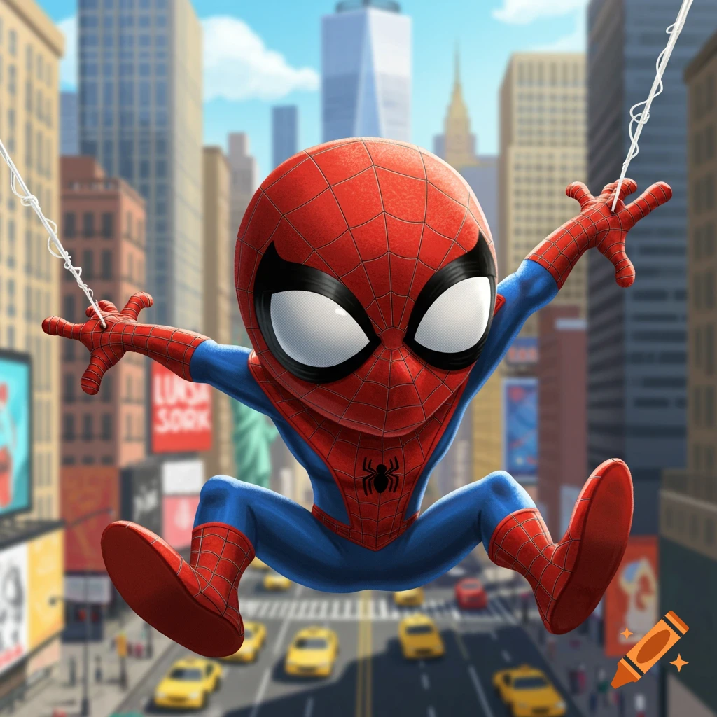 Goofy cartoon Spider-Man swings over a busy city street with yellow taxis.