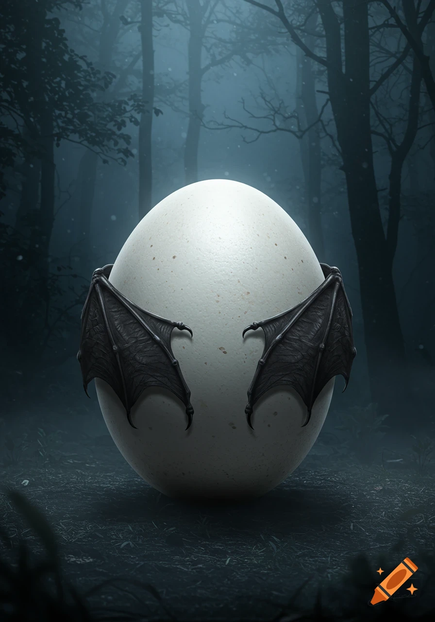 A mysterious white egg with black bat wings wrapped around it, sitting on the ground in a dark, misty forest.