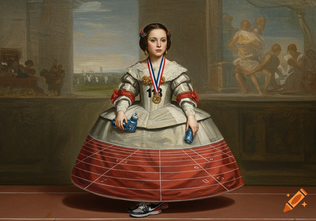 A girl in a classical painting, wearing a historical dress with a running track on the skirt, athletic shoes, a medal, and holding water bottles.