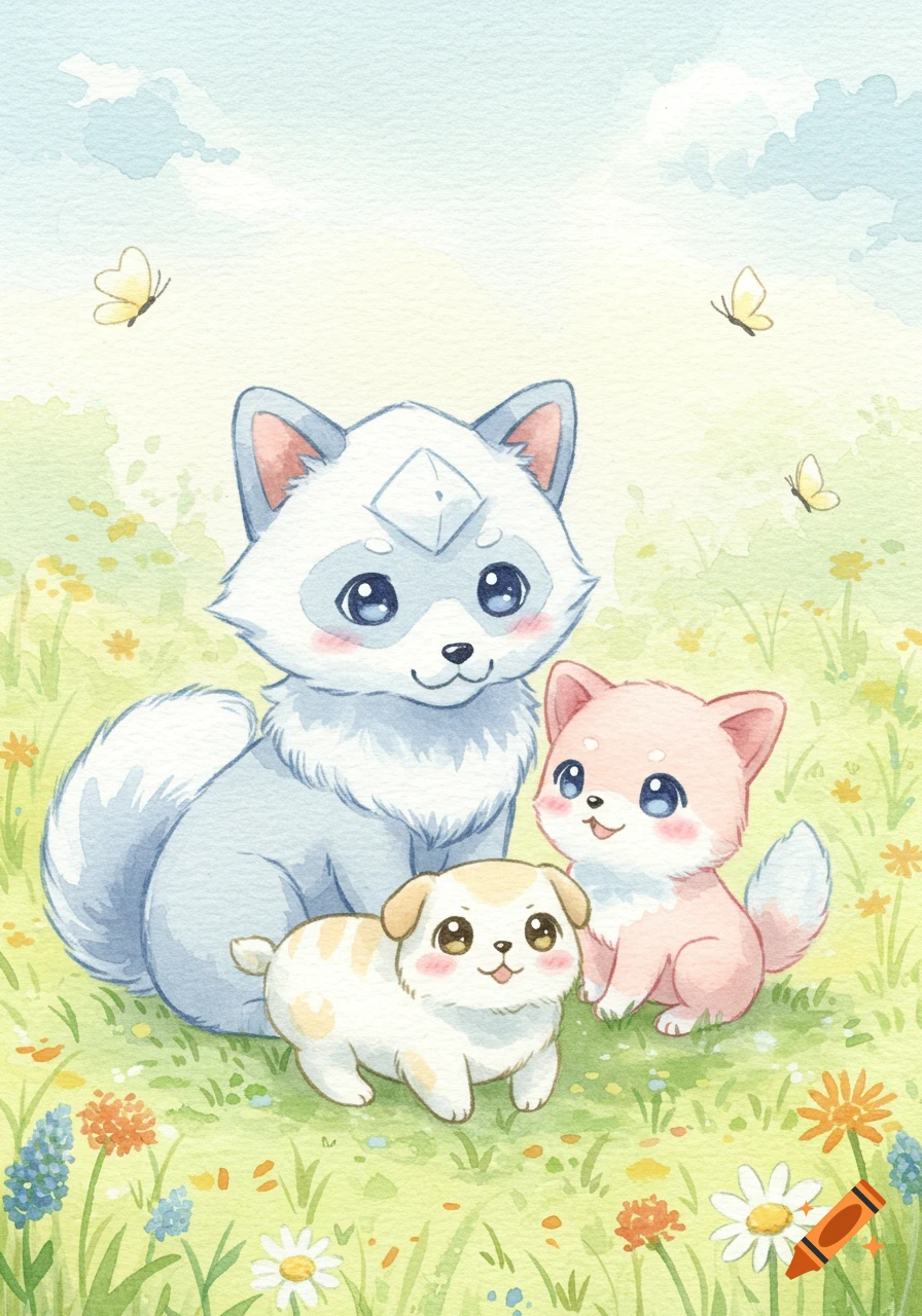 Watercolor illustration of a white wolf, pink cat, and white puppy with big eyes in a flower-filled meadow with butterflies.