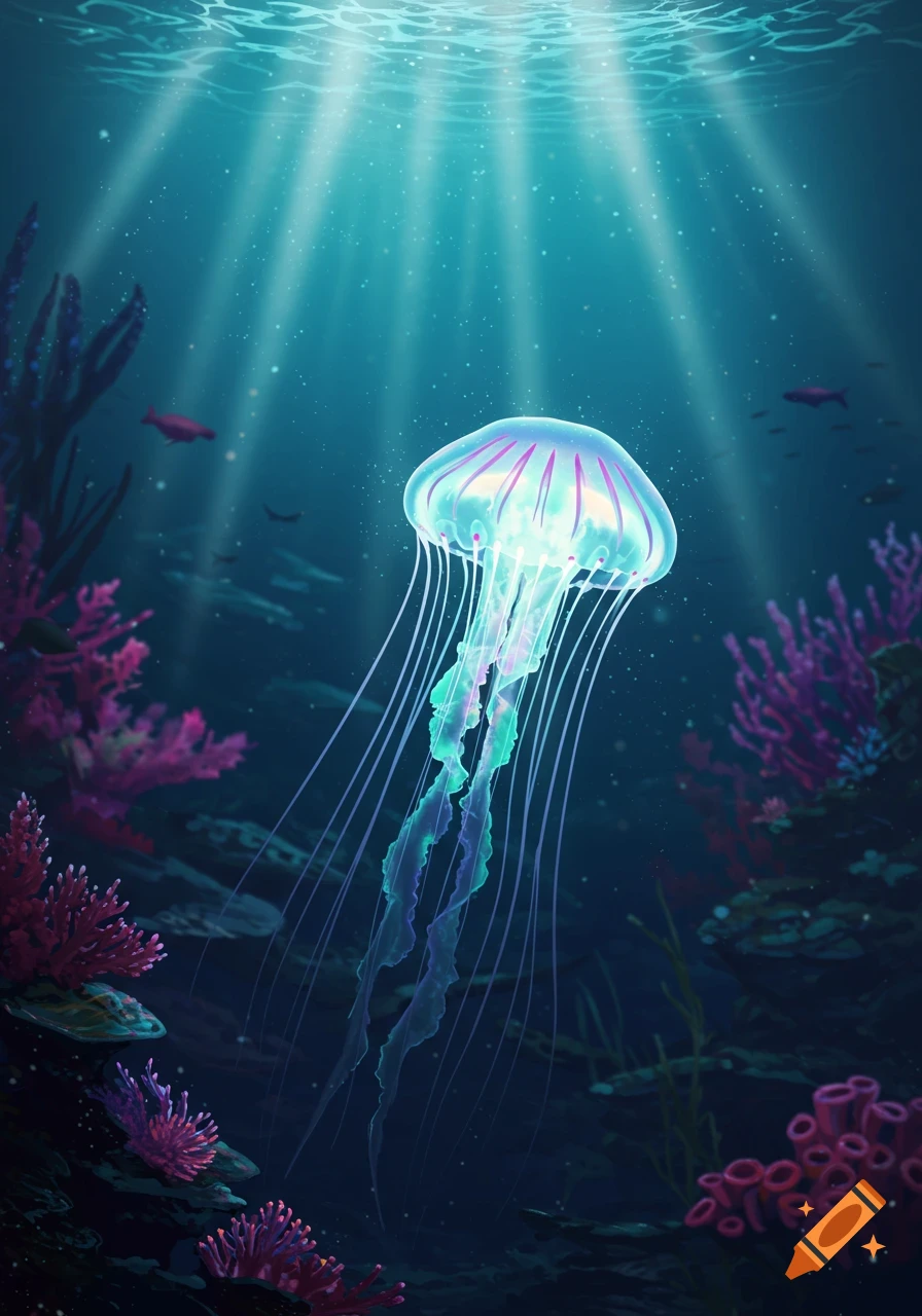 A luminous jellyfish swims in a deep blue ocean with sun rays and vibrant coral. Digital illustration.