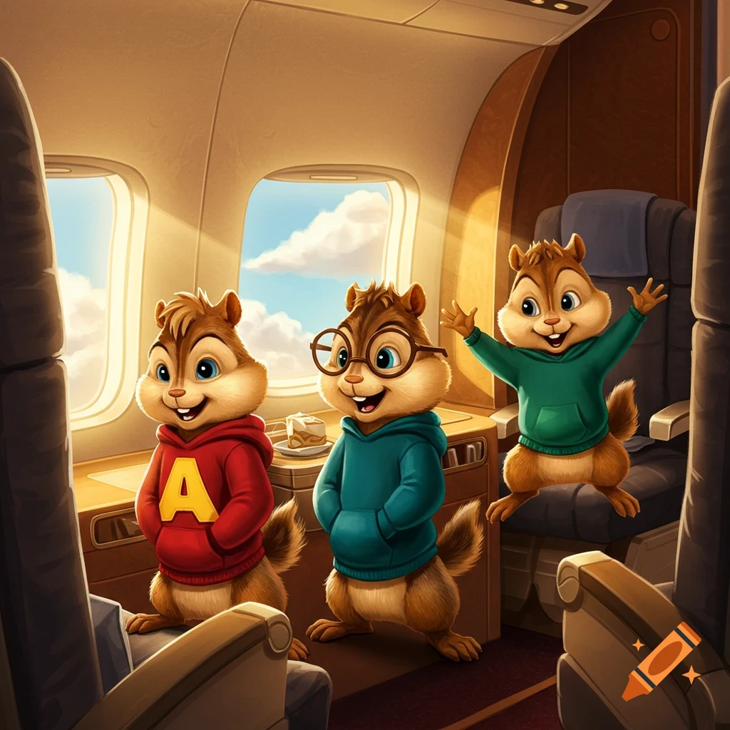 Three cartoon chipmunks in an airplane, one wearing a red 'A' hoodie, one a blue hoodie, and one a green hoodie.