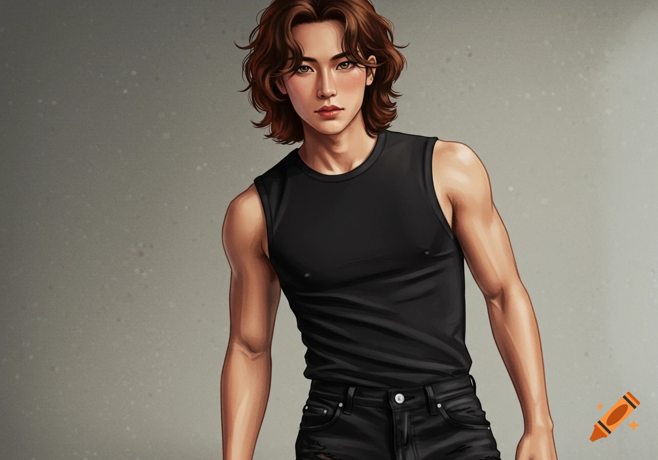 Digital art portrait of a young man with brown wavy hair, wearing a black tank top and black jeans, against a gray background.