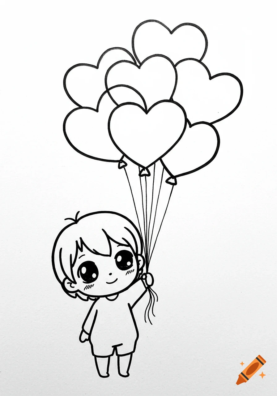 Kawaii black pen drawing of a child holding a bunch of heart-shaped balloons.