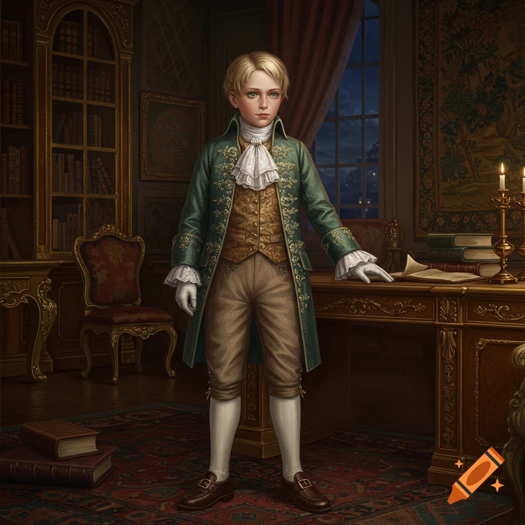 A young noble boy in a green frock coat and historical attire stands in an ornate study at night. Realistic fantasy art.