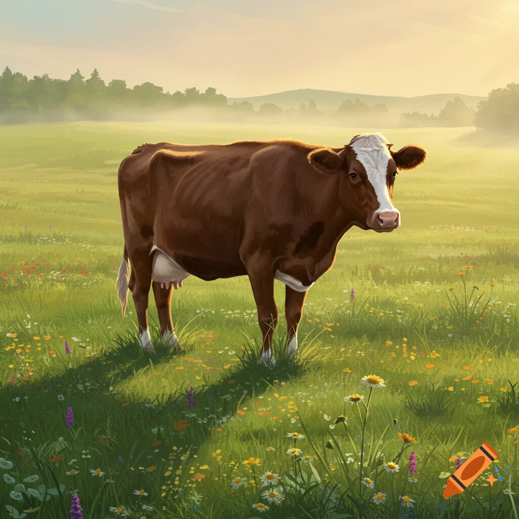 A brown and white cow stands in a sunny, hazy green meadow dotted with colorful wildflowers, looking forward.