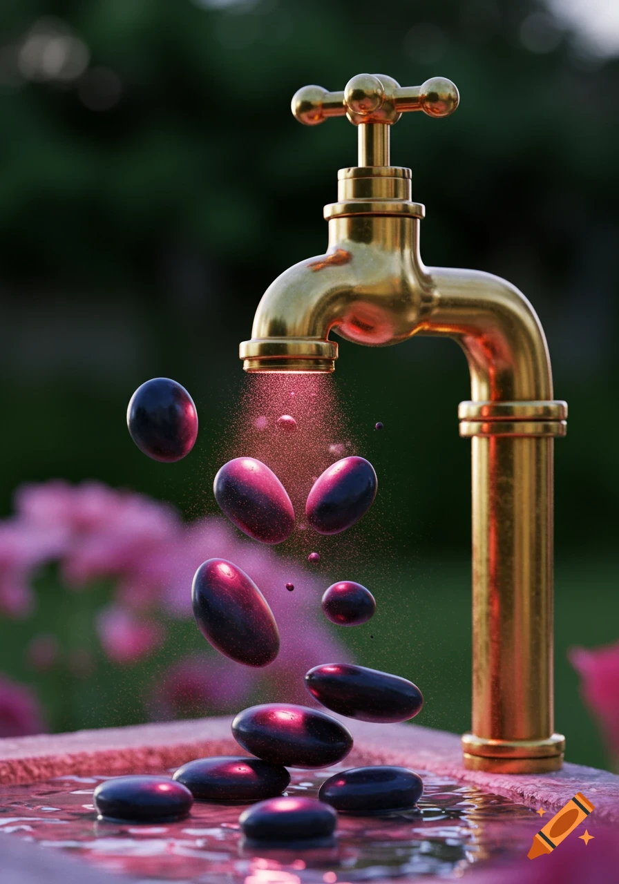 A golden garden faucet with glowing pink spray and dark, elongated purple stones falling into a pink wet surface.