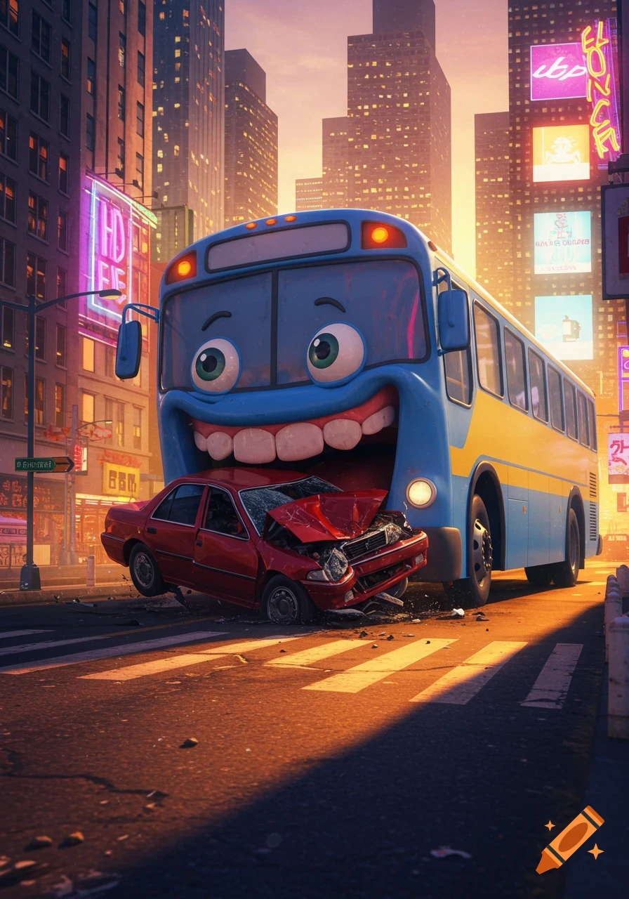 Cartoon blue and yellow bus with a huge smiling mouth appears to eat a red car on a city street at sunset, animated style.