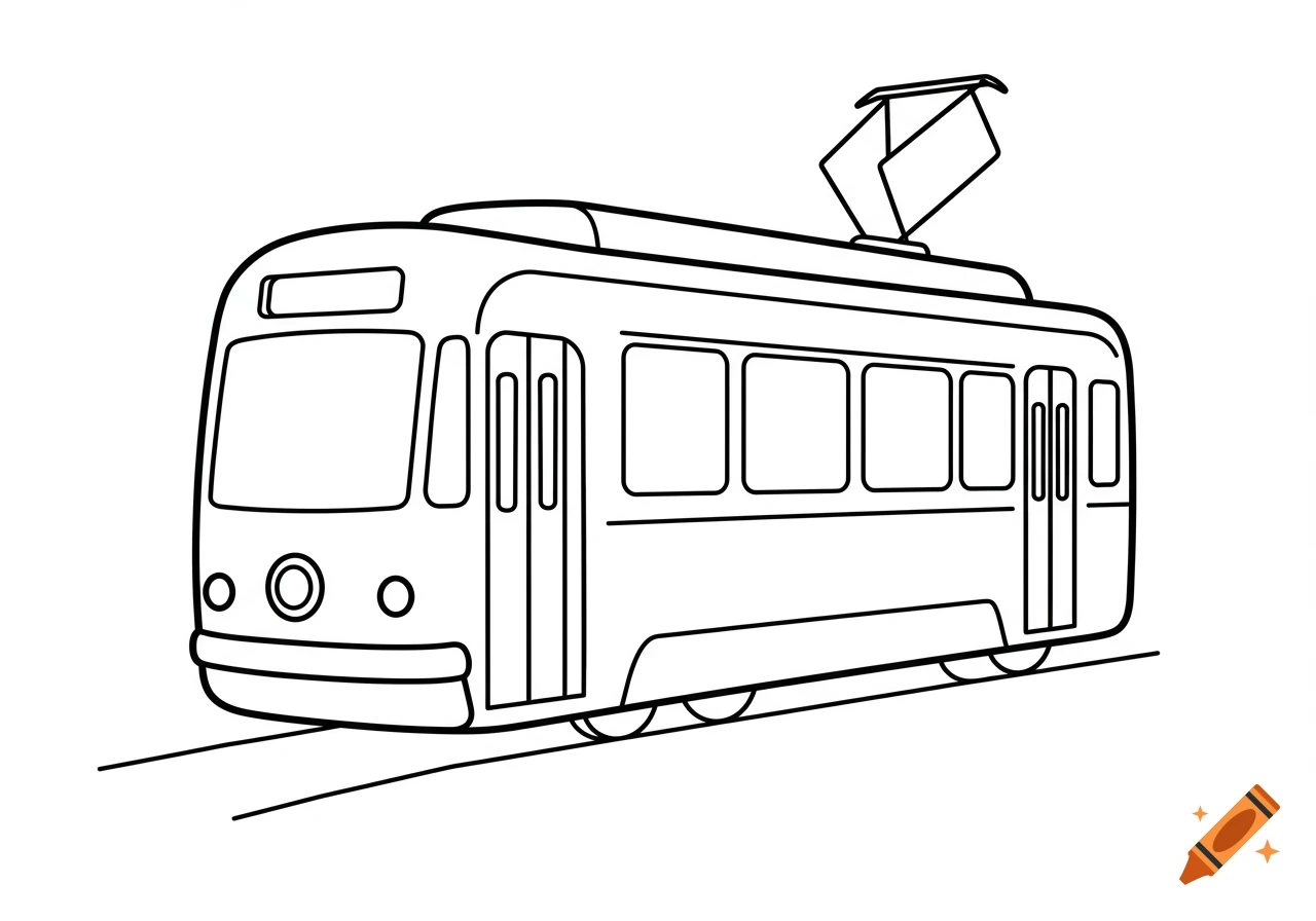 Black and white outline drawing of a tram in a coloring book style.