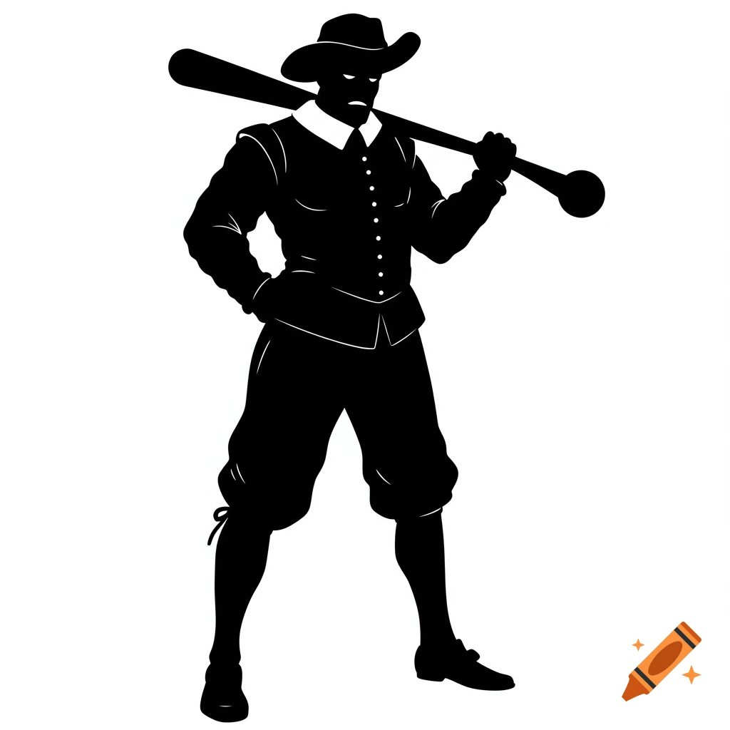 Black silhouette of a Renaissance man standing with a club over his shoulder on a white background.