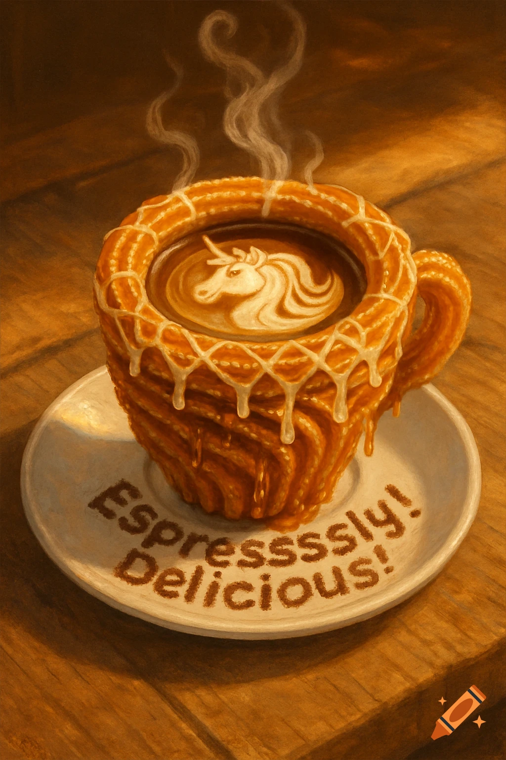 A steaming coffee in a cup made of churros, with a unicorn latte art, sits on a saucer with 'Espresssssly! Delicious!' written in powder.