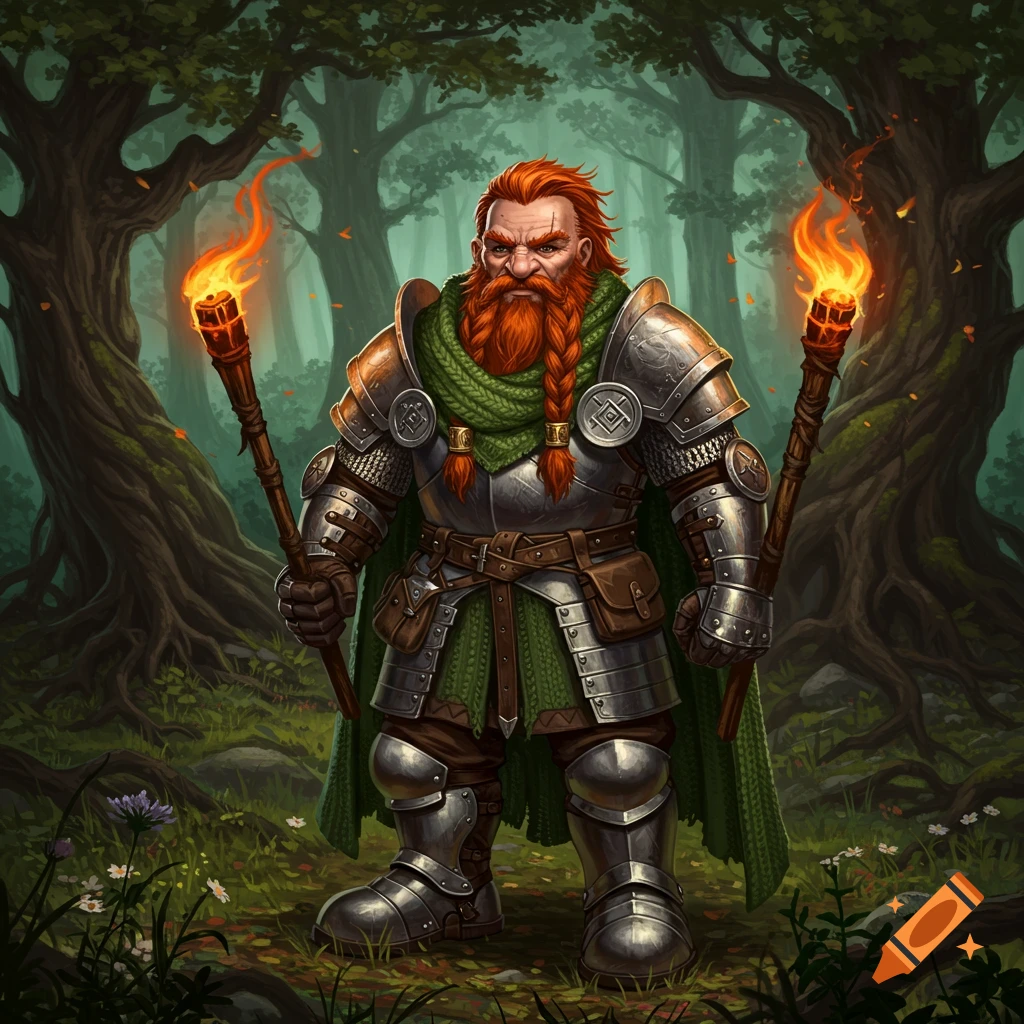 A dwarf warrior with a braided red beard, plate armor, and a green scarf, holding two flaming torches in a dark forest. Digital art.