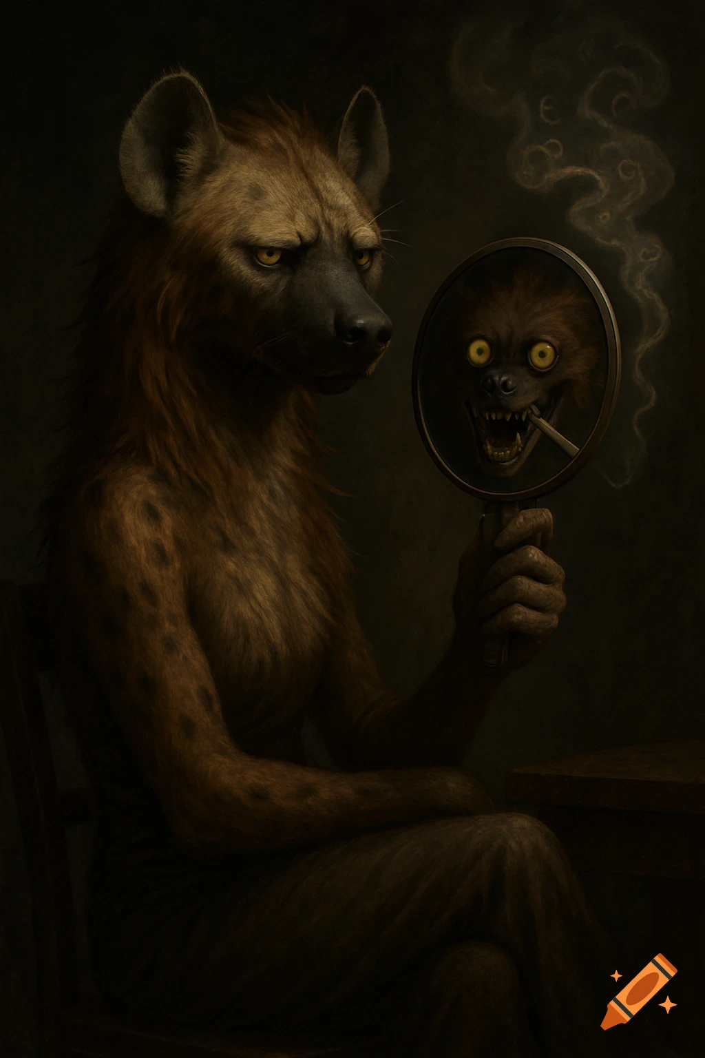 A gloomy anthropomorphic hyena gazes into a mirror revealing a reflection of an insane, smoking hyena.