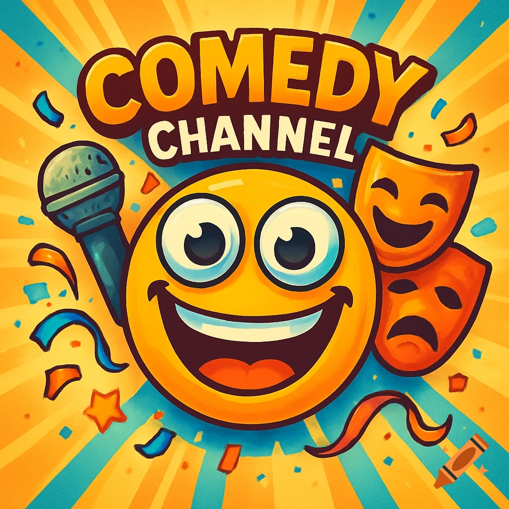 Cartoon logo for Comedy Channel featuring a smiling emoji, a microphone, and comedy/tragedy masks on a yellow sunburst background.