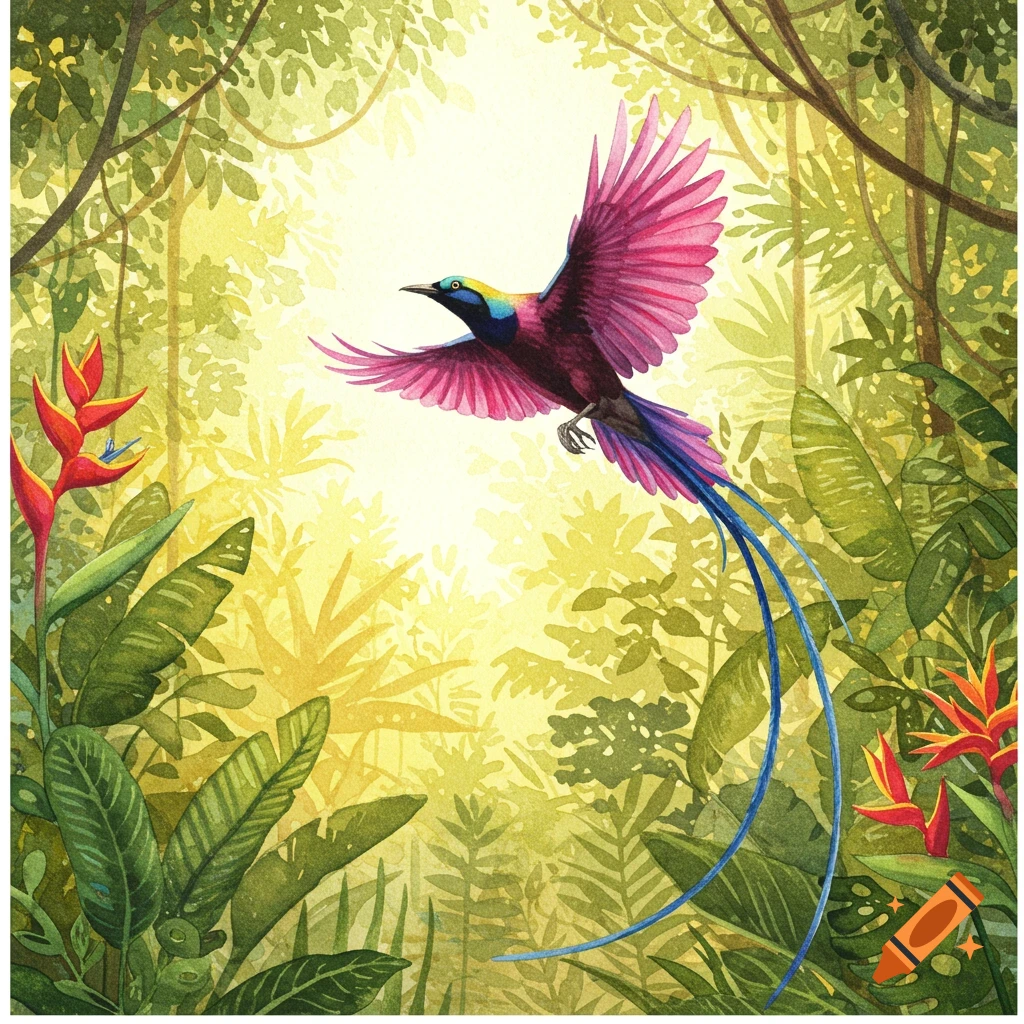 Vibrant watercolor of a pink and blue exotic bird with long tail feathers flying through a sunlit, green jungle.