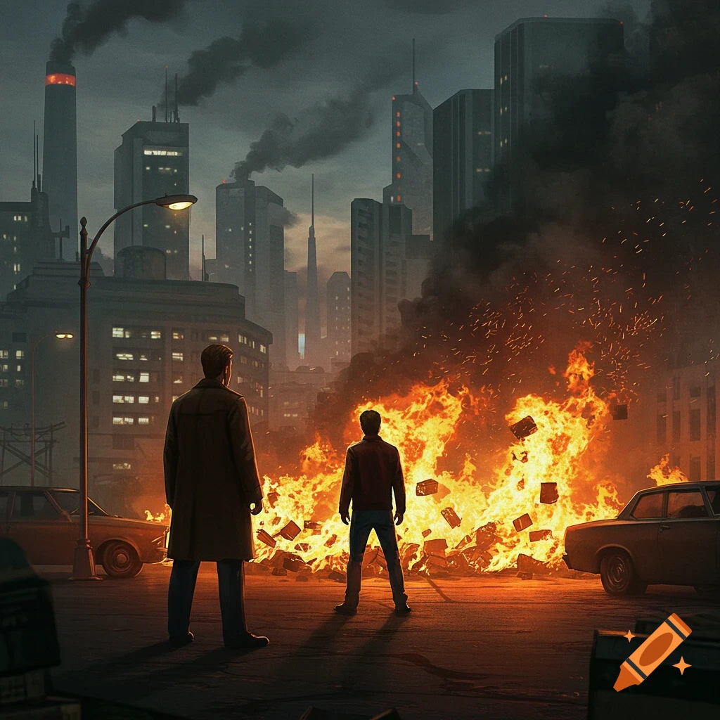 Two men observe a city street engulfed in a massive fire and smoke, with tall buildings in the gloomy background.