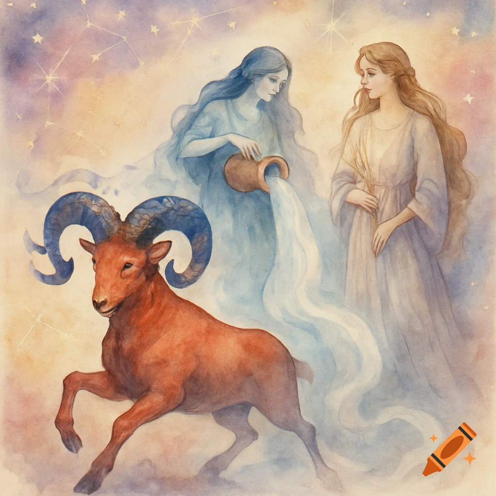 Watercolor illustration of a red ram, a blue water-bearer woman, and a light-clad maiden holding wheat against a celestial, starry background.