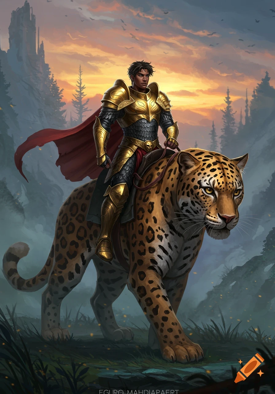 A warrior in golden armor with a red cape rides a large leopard through a misty fantasy forest at sunset, with a castle in the distance.