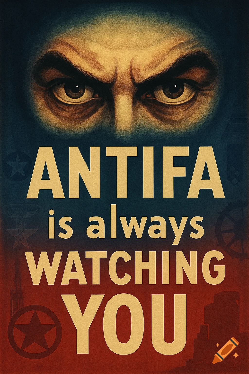 A vintage-style propaganda poster with menacing eyes above the text 'ANTIFA is always watching YOU' on a red and blue background.