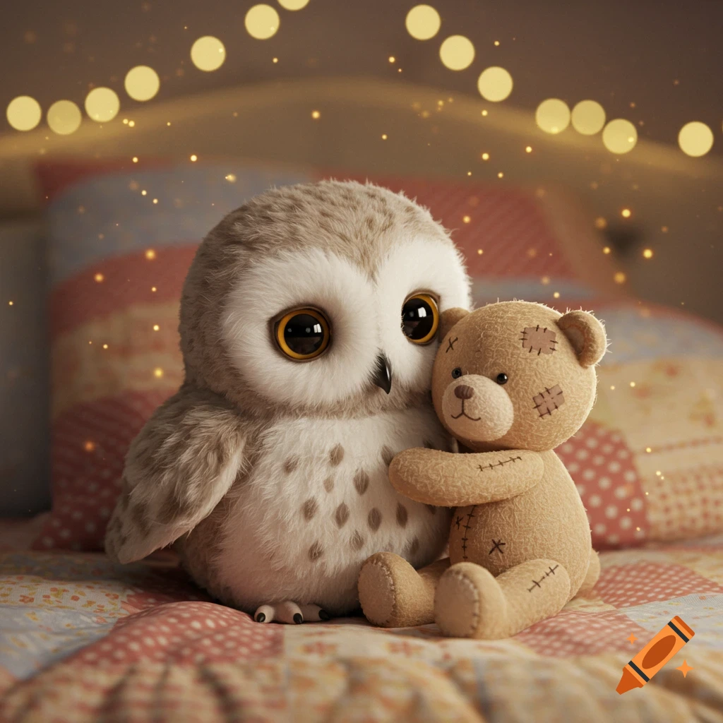 A cute plush owl and teddy bear sit on a bed, hugging, with twinkling lights in the background.