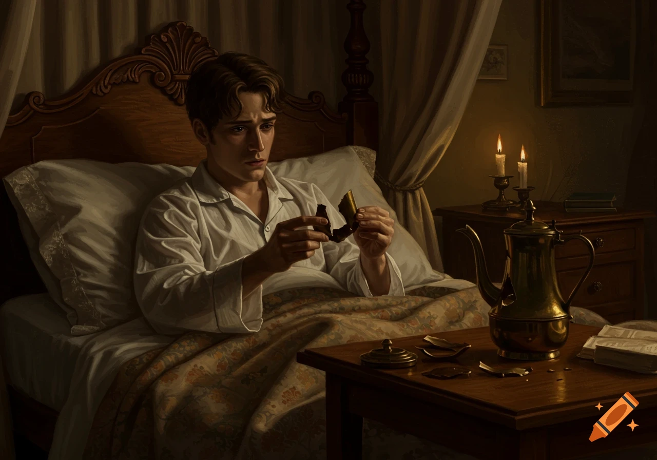 A sad young man in 19th-century nightclothes lies in a dimly lit bed, holding a broken coffee pot fragment, oil painting style.