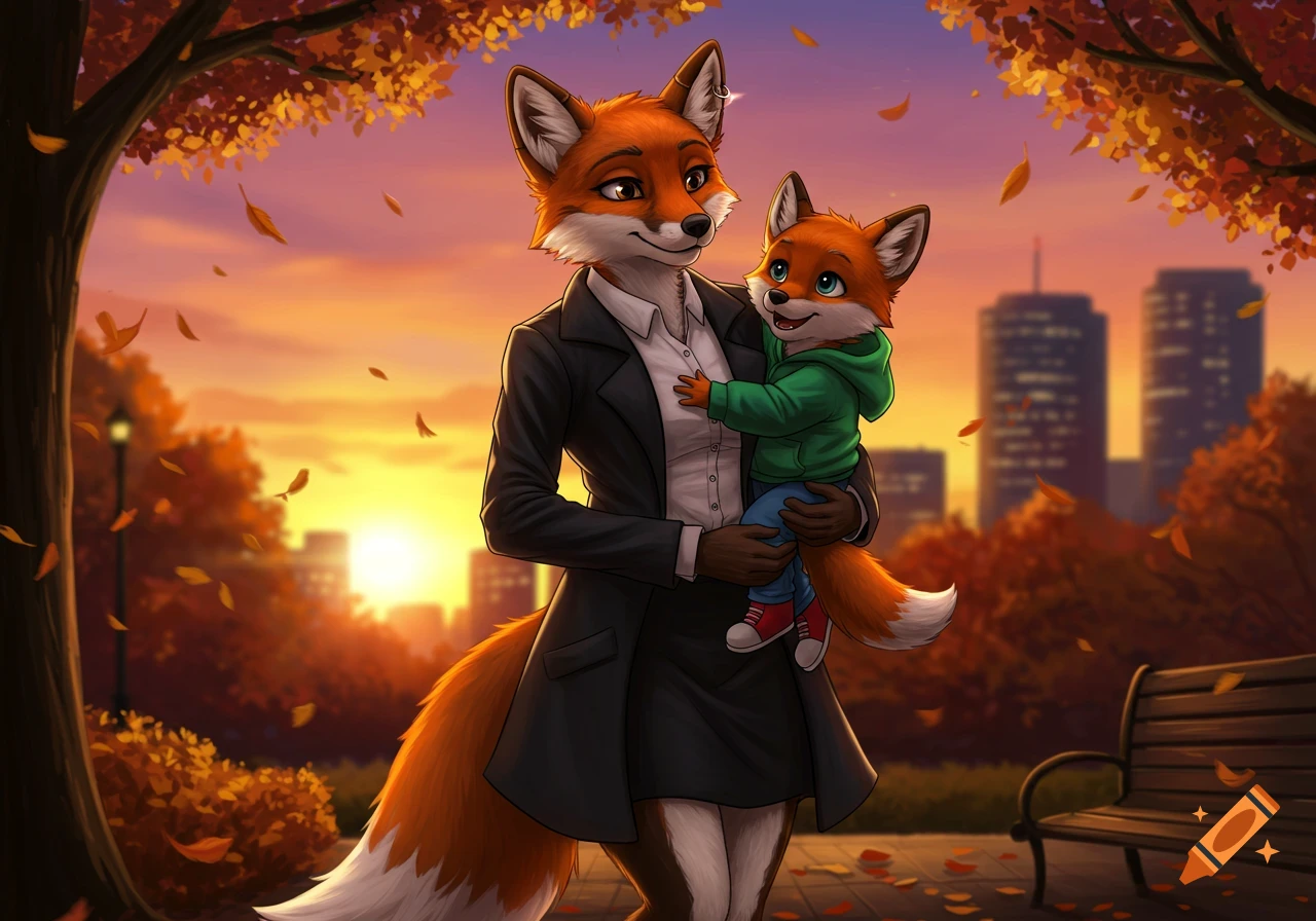 An anthropomorphic fox mother in a suit holds her son in a green hoodie, in an autumn park at sunset.