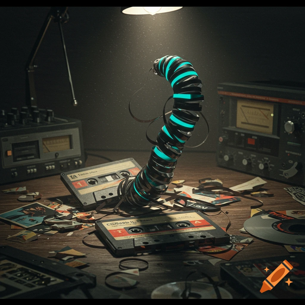 A glowing worm made of tape emerges from an old cassette tape on a dark wooden desk filled with other tapes and audio equipment under a spotlight.