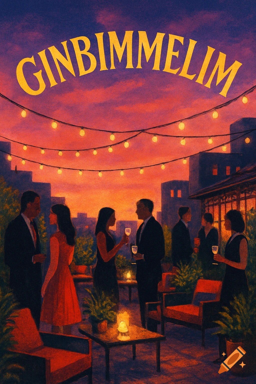 Illustrative painting of a rooftop party at sunset with city buildings, people socializing under string lights. Text 'GINBIMMELIM' overhead.