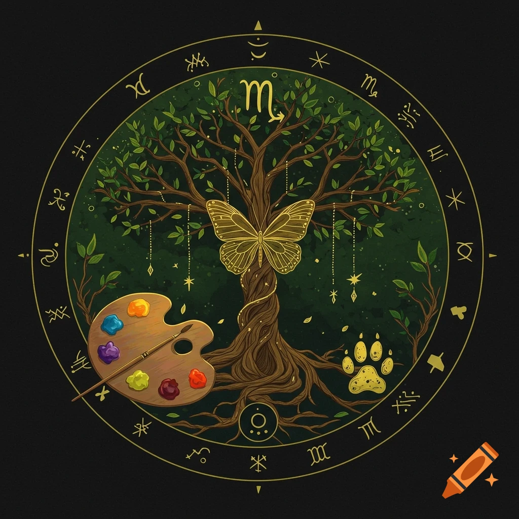 Stylized circular sigil with a tree, golden butterfly, paint palette, paw print, and Scorpio zodiac symbol surrounded by astrological signs.