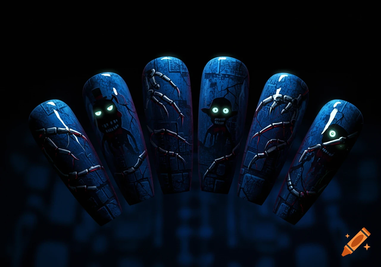Five dark blue nail art designs with glowing-eyed monsters and skeletal hands breaking from cracked tombstones, inspired by Five Nights at Freddy's.