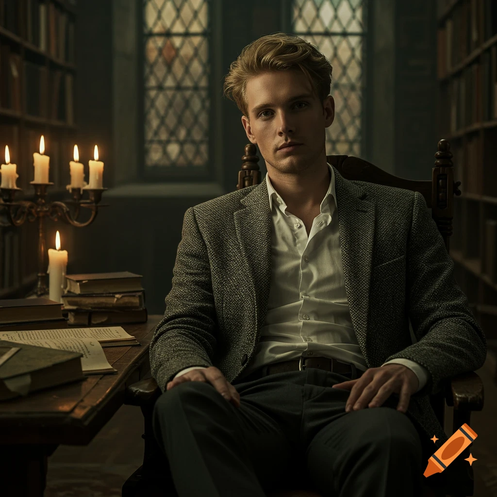 A blonde man in a suit jacket sits in a moody library with candles, dark academia style.