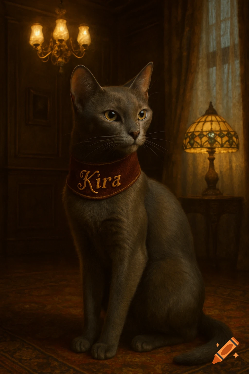 A photorealistic grey cat wearing a red collar with 'Kira' sits in a dimly lit, ornate room with antique lamps.