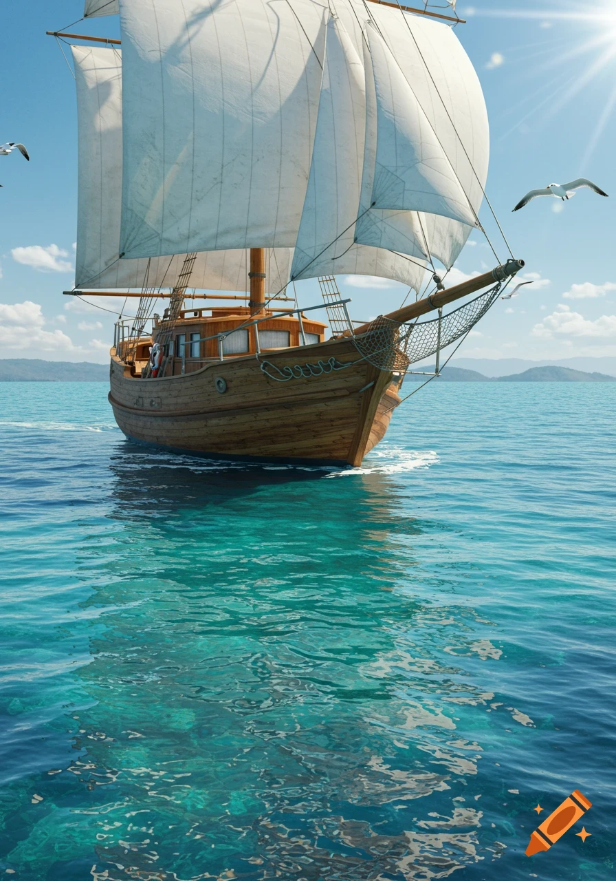 A wooden sailboat with white sails glides across clear turquoise water under a sunny blue sky with seagulls flying overhead.