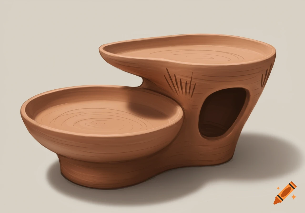 A unique two-level terracotta clay centerpiece with abstract etched markings, rendered in a digital illustration.