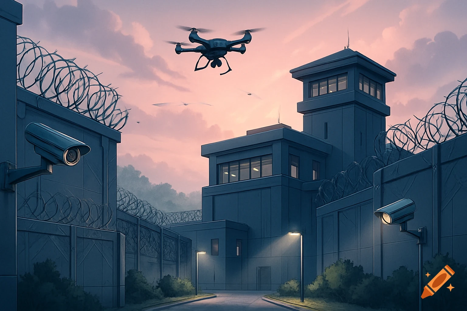 An illustrated security facility at dusk with a drone flying overhead, watchtower, barbed wire fences, and security cameras.