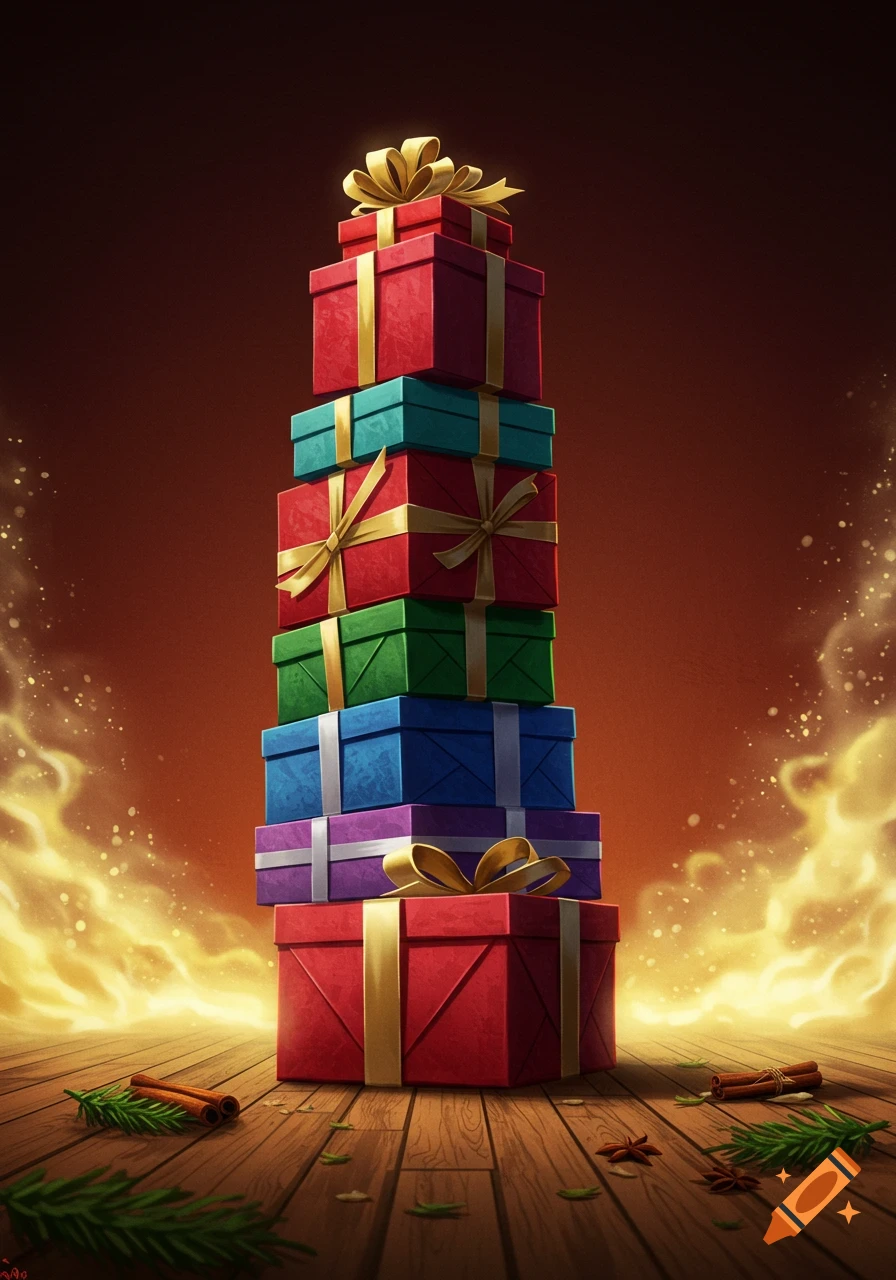 A tall stack of colorful gift boxes on a wooden floor, with festive glowing light and sparkles.