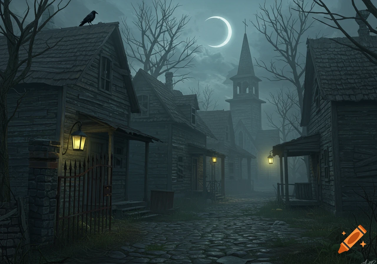 A dark and misty horror village at night with a crescent moon, church, and old wooden houses.