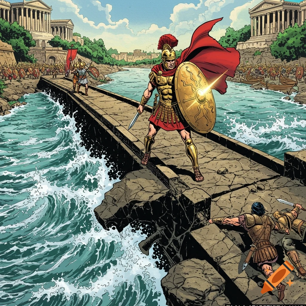 A Roman soldier in gold armor and red cape defends a broken bridge in a vibrant comic book style.
