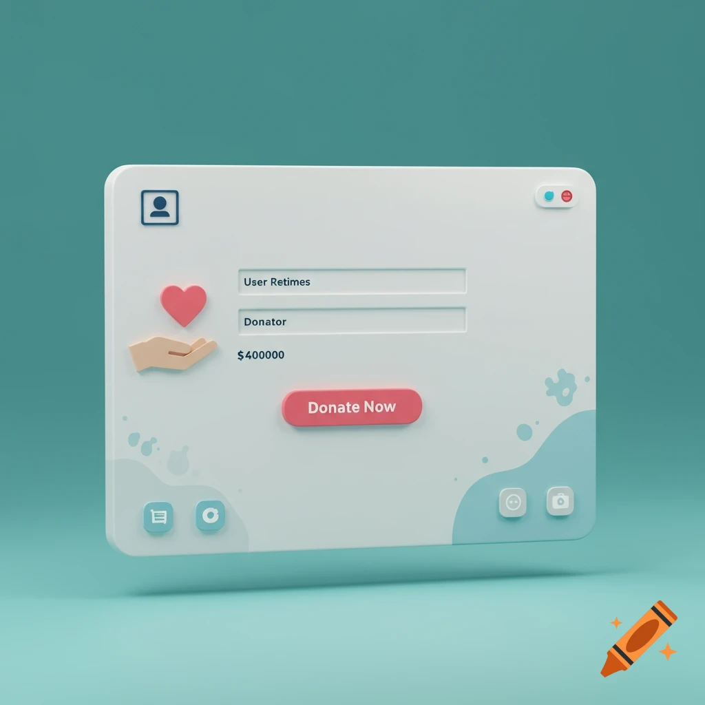 A clean, minimalist 3D rendered user interface of a donation page with input fields, amount, and a 'Donate Now' button.