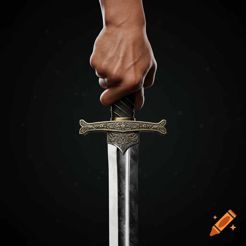 A photorealistic close-up of a hand gripping the ornate hilt of a medieval sword, set against a dark background.
