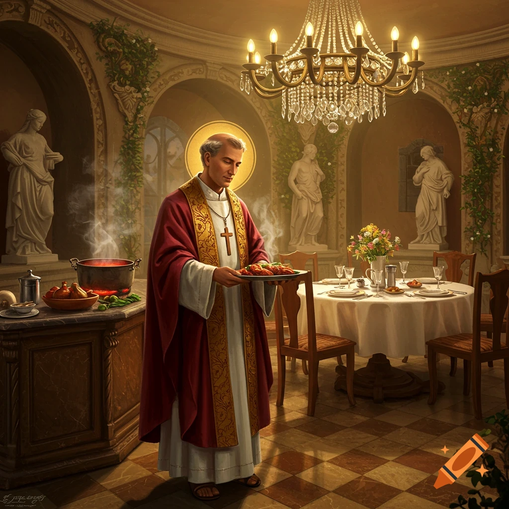 Saint Lawrence in a red and white robe, holding a tray of cooked food in a grand Baroque dining room.