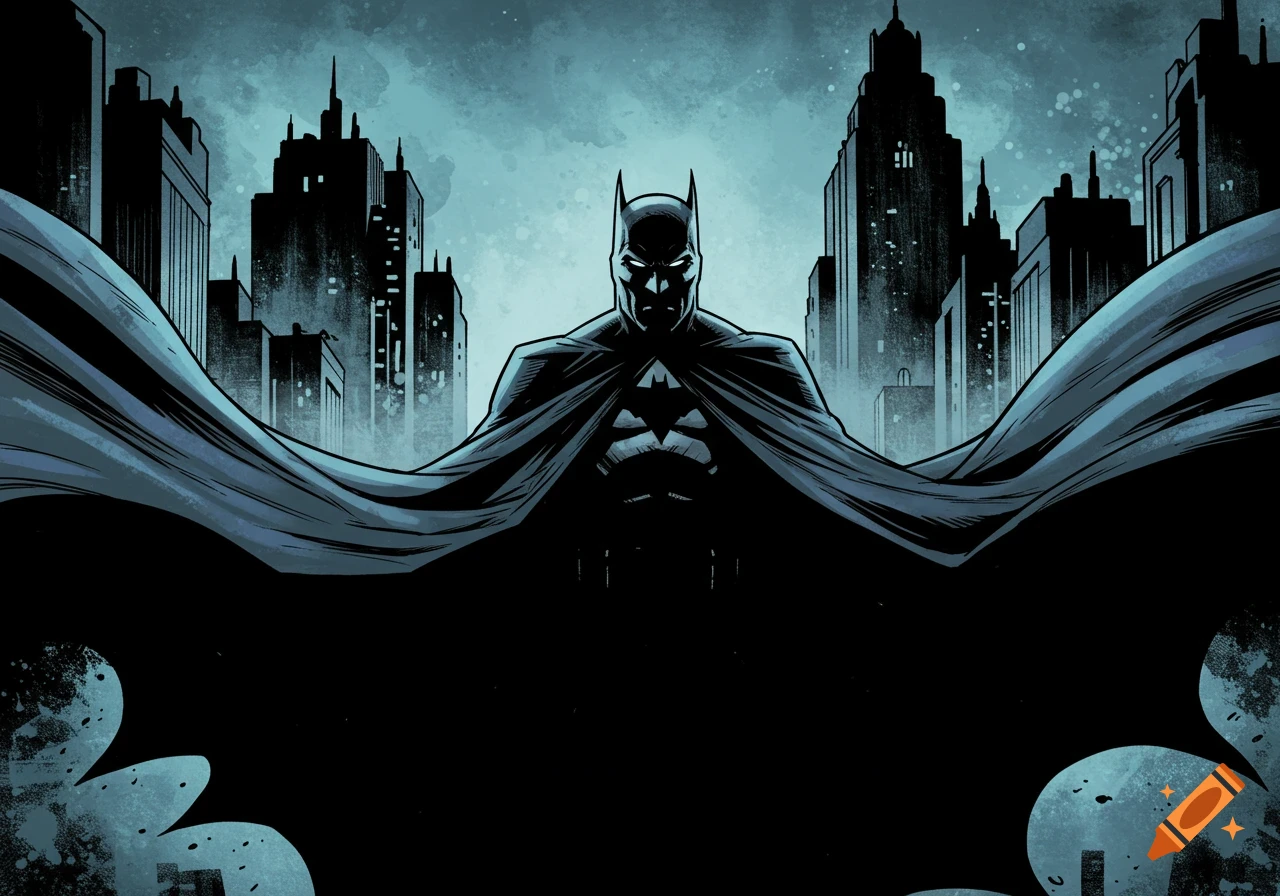 Comic book art of Batman standing heroically in front of a dark, stylized city skyline with his cape dramatically spread.