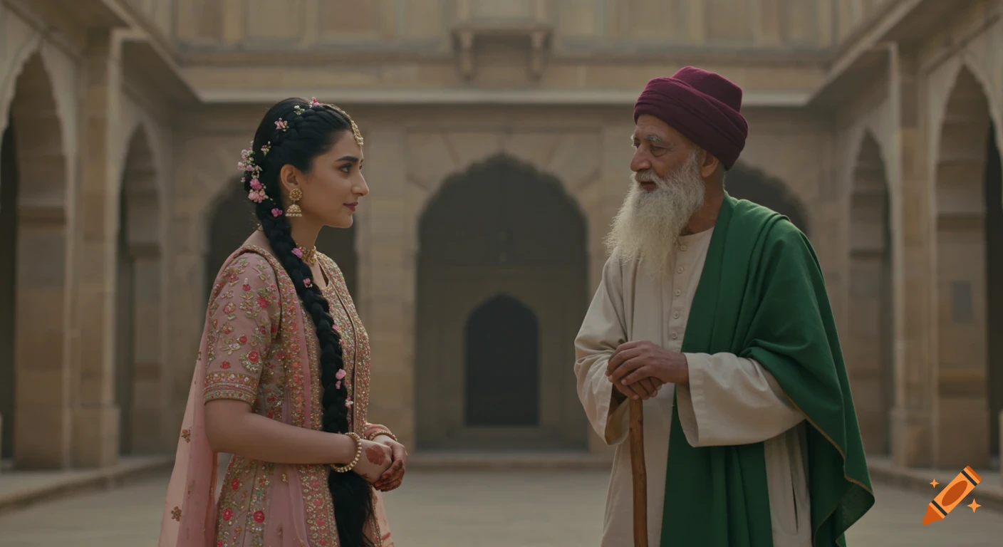 A young Pakistani princess in an embroidered lehenga and an old dervish with a white beard stand in an ancient palace courtyard.