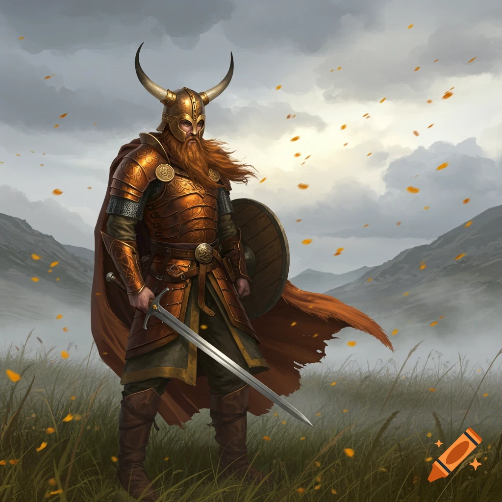 A bearded Gaelic warrior in golden armor and horned helmet stands in a grassy field with falling leaves under a cloudy sky, holding a sword and shield.